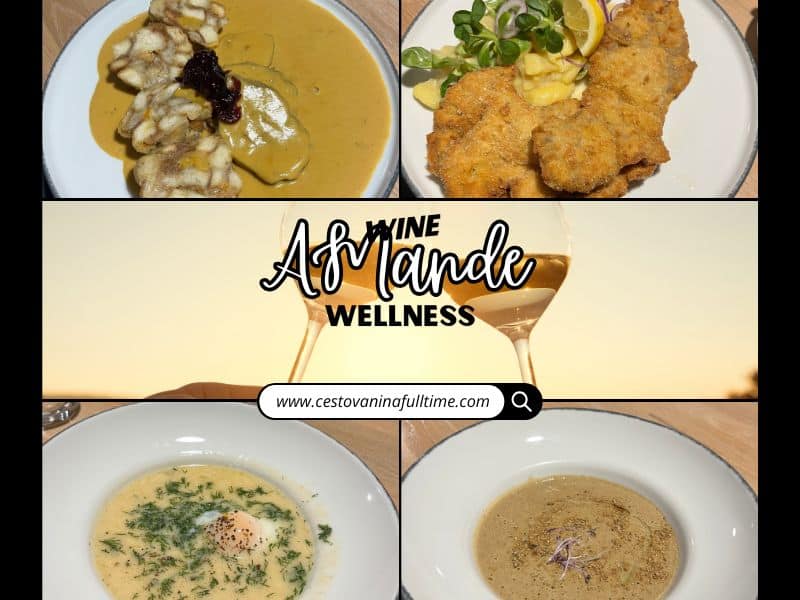 Koláž jídel z restaurace hotelu Wine & Wellness Amande – od chutných snídaní až po gurmánské tříchodové večeře, které jsme si užili v rámci programu Eat for Stay.  