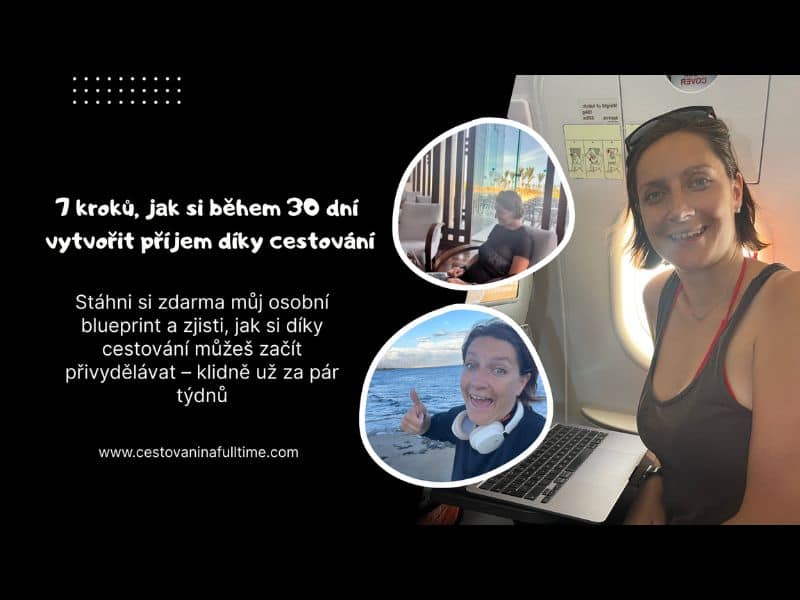Digitální nomádka pracující online s nabídkou e-booku „7 kroků, jak během 30 dní začít vydělávat v online cestovním ruchu“. Praktický návod pro začátečníky.
