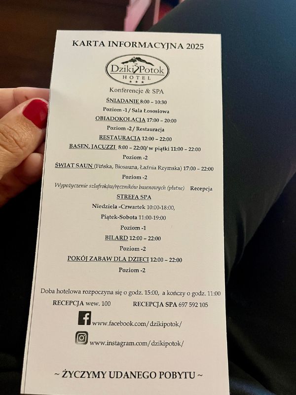 hotel Dziki Potok Karpacz recenze – informační karta pro hosty s detaily pobytu a wellness službami
