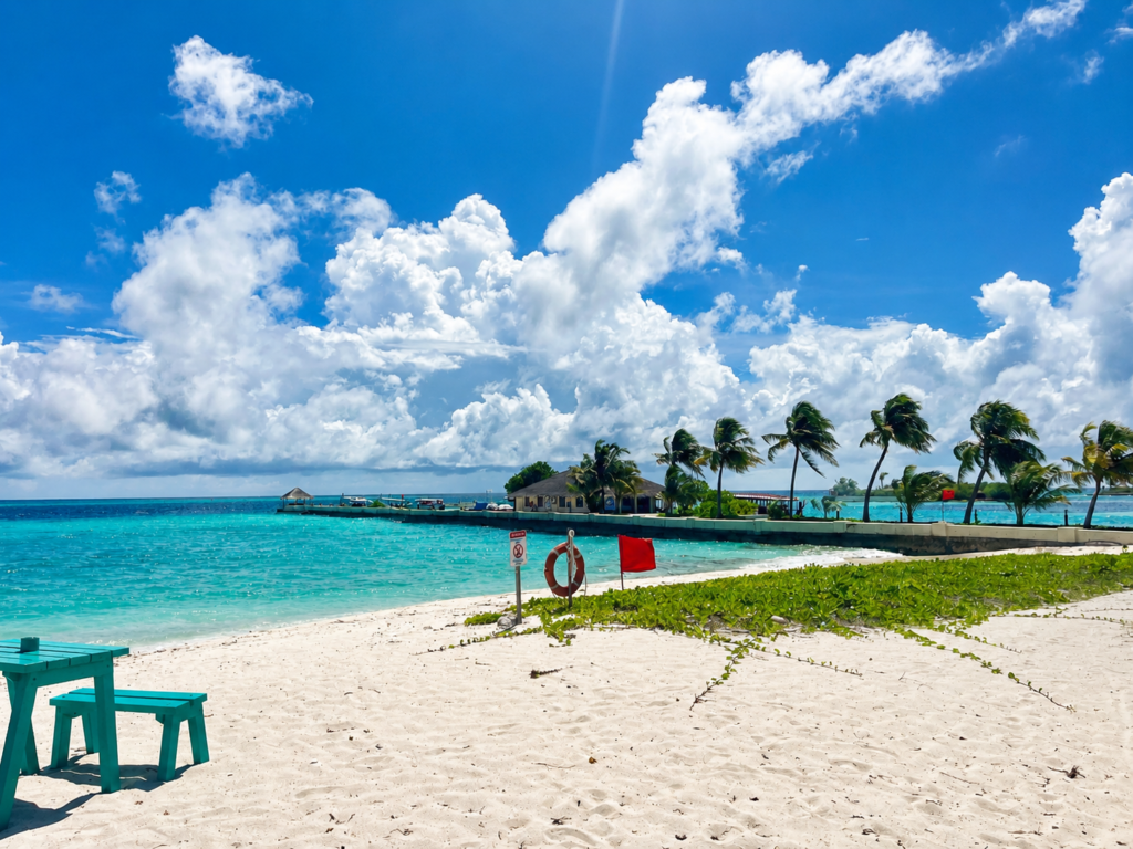 Tyrkysové moře, bílá pláž a palmy na Maledivách u resortu Hudhuranfushi.