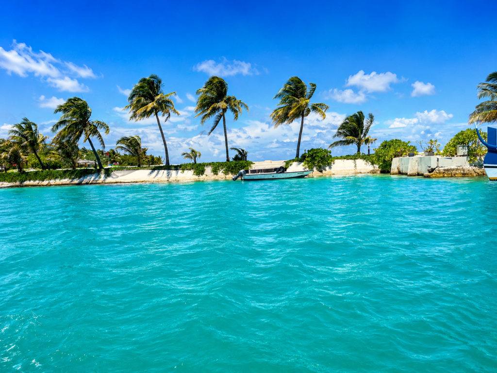 Tyrkysová laguna s palmami na ostrově Hudhuranfushi na Maledivách.