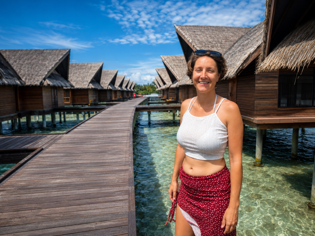 Autorka stojí na molu mezi vodními vilami v resortu Adaaran Select Hudhuran Fushi na Maledivách.