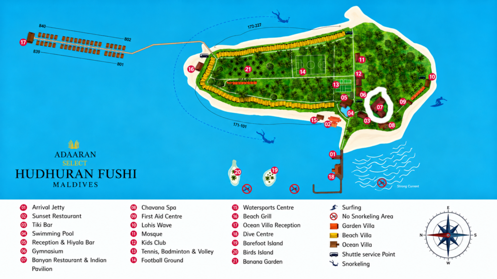 Mapa resortu Adaaran Select Hudhuran Fushi na Maledivách s vyznačenými vilami, bary, restauracemi, pláží a dalšími službami.