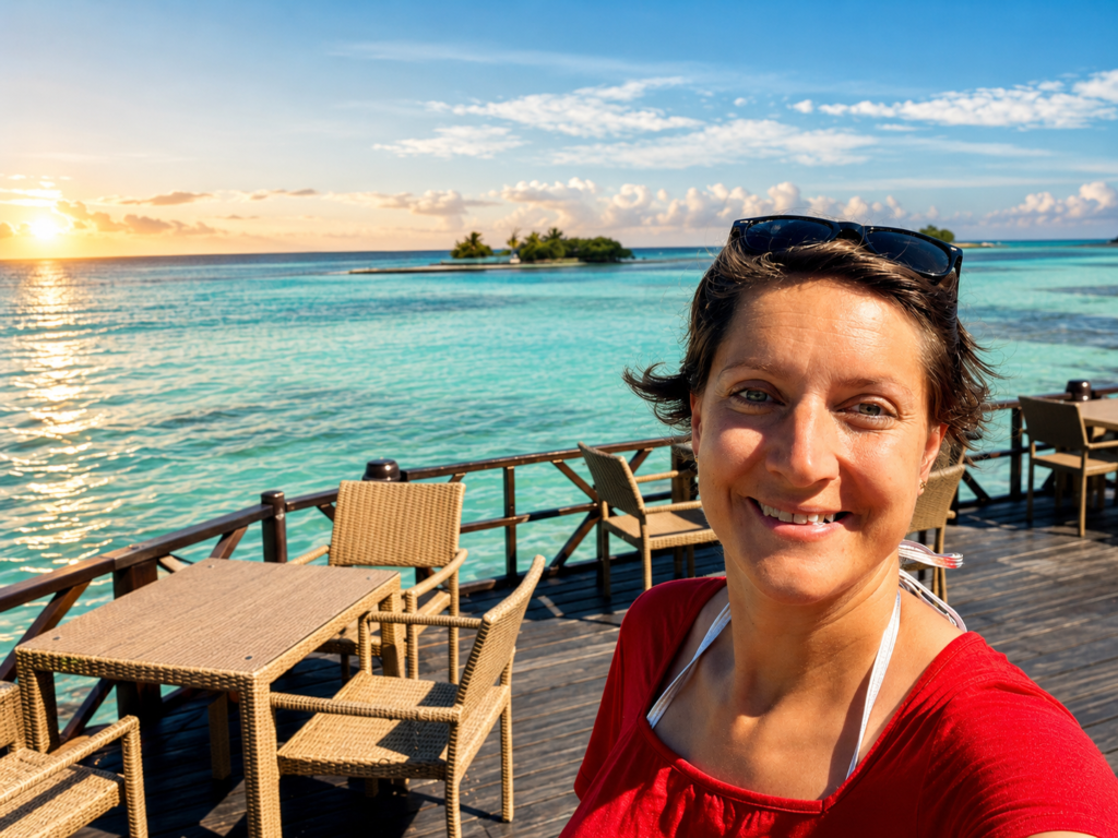 Kačenka v Sunset Baru v resortu Adaaran Select Hudhuran Fushi na Maledivách s výhledem na tyrkysové moře a malý ostrov v dálce.