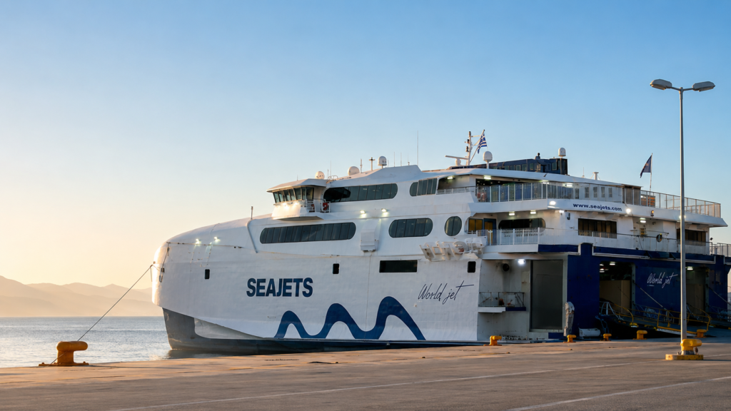 Loď SeaJets v přístavu před odplutím z Kréty na Santorini