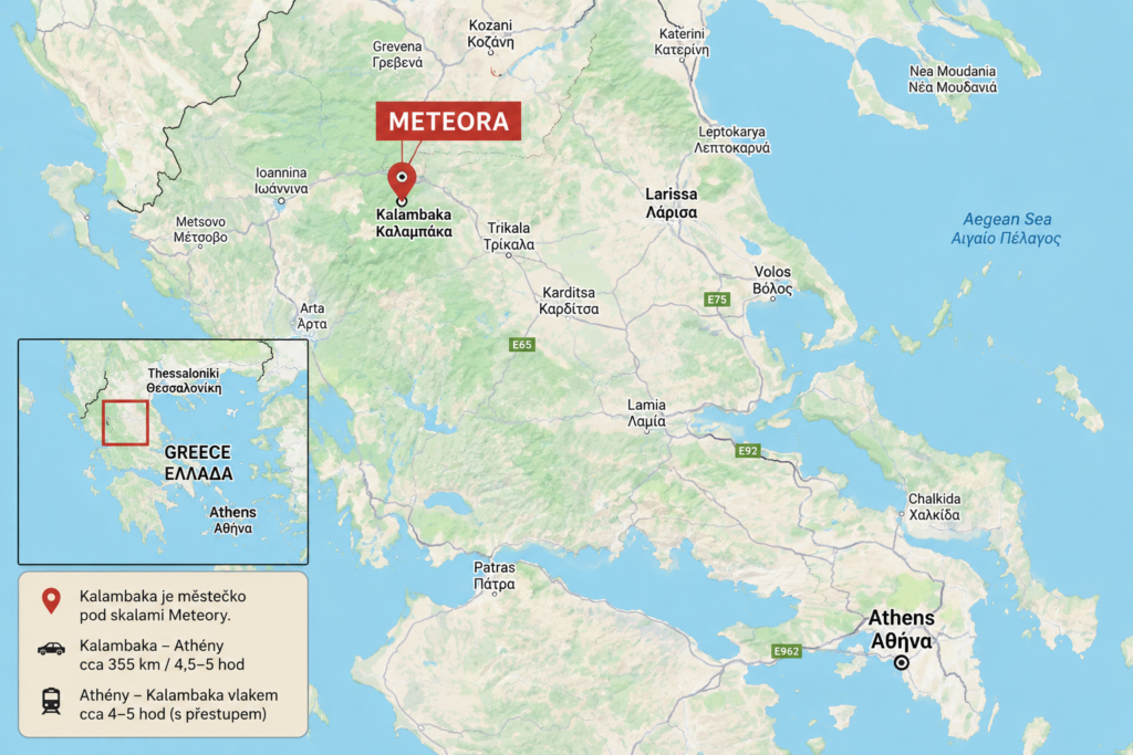 Mapa Řecka s vyznačenou Kalambakou, oblastí Meteora a Athénami