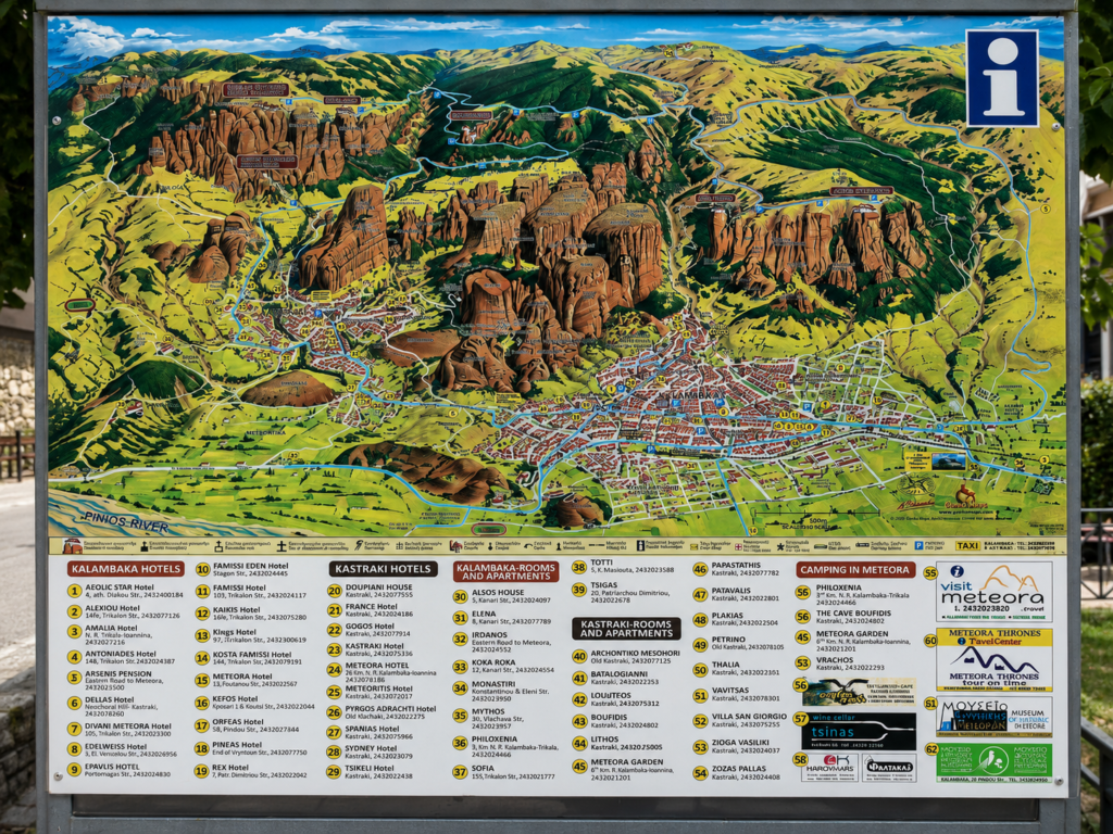 Informační mapa Meteory s vyznačenými kláštery, Kalambakou a Kastraki