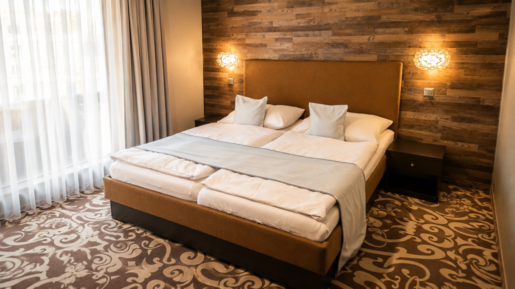 Postel na pokoji v hotelu Freud v Ostravici
