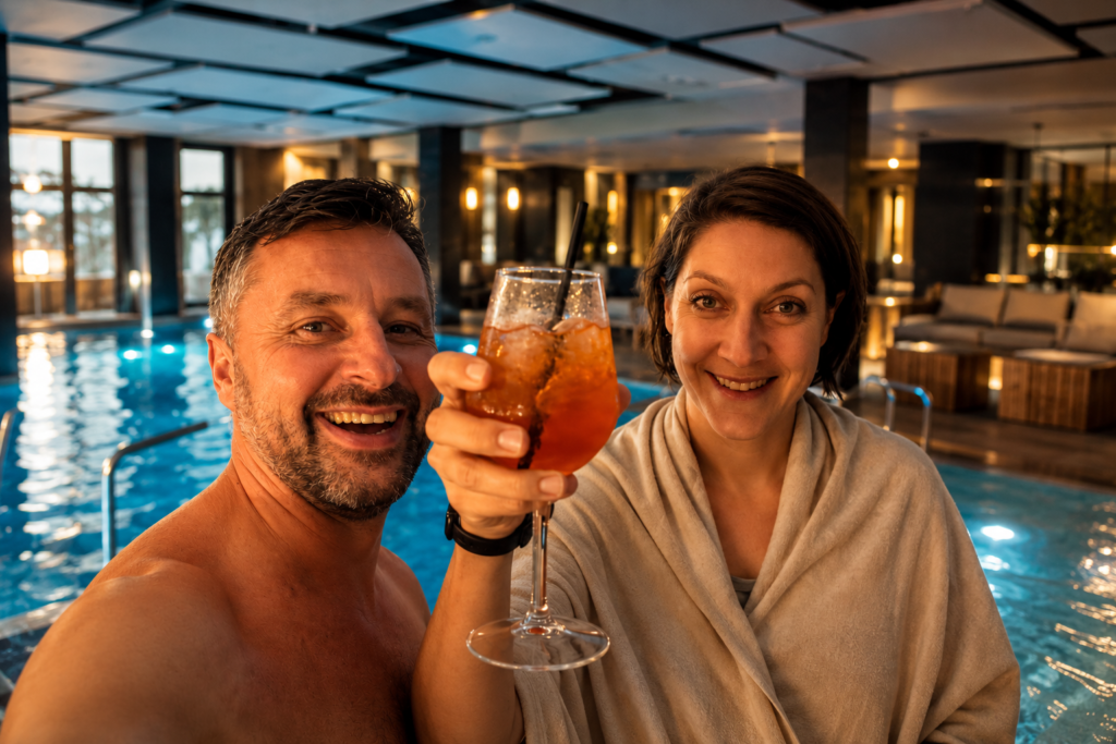 S manželem si připíjíme u bazénu ve wellness Infinit Maximus během víkendového pobytu v Maximus Resortu u Brna.