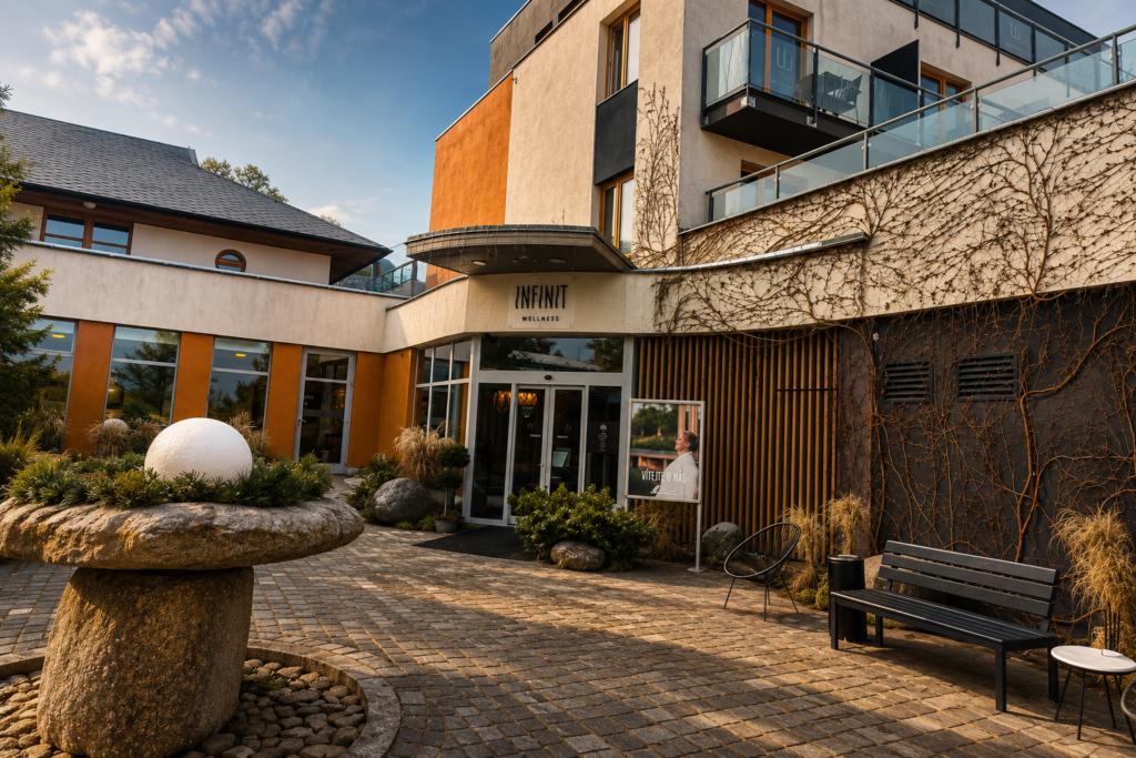 Vstup do wellness Infinit v Maximus Resortu u Brna s klidným venkovním atriem během našeho wellness pobytu.