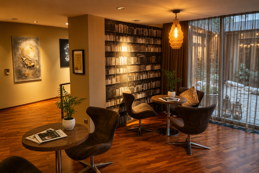 Lobby hotelu Maximus Resort u Brna s pohodlným posezením a klidnou atmosférou ve stylu feng shui.