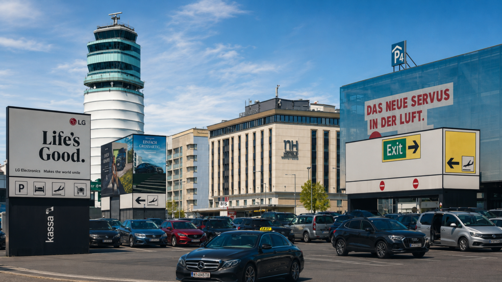 Pohled od příletové haly vídeňského letiště směrem k hotelu NH Vienna Airport, který se nachází jen pár minut chůze od terminálu
