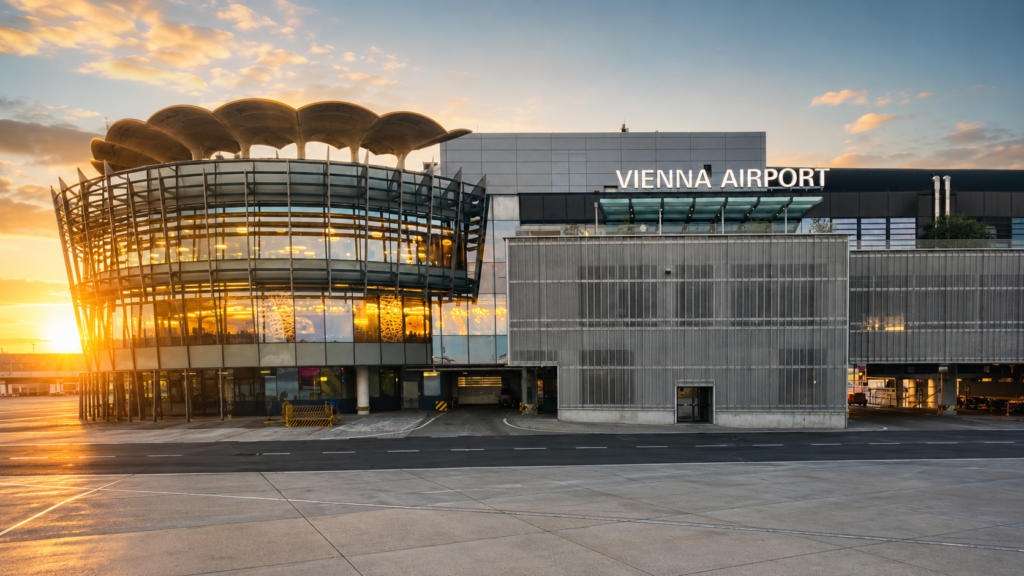 Pohled na Vienna Airport před odletem, hlavní budova letiště ve Vídni