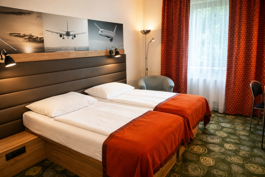 Pokoj v Ramada Airport Hotel Prague se dvěma lůžky a leteckou dekorací nad postelí